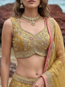 Ensemble Lehenga Choli Dupatta en coton et fibre de bambou brodé rose, 2 pièces, séchage rapide, tenue ethnique pour femmes, mariage, fête, Inde - Product Image 2