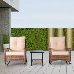 Fauteuil à bascule moderne en rotin brun pour porche, résistant aux intempéries, avec coussin beige - Product Image 2