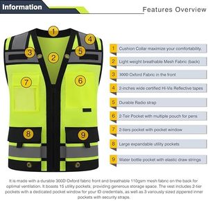 Gilet de sécurité haute visibilité ANSI Classe 1 EN ISO 20471 Classe 1 Respirant Multi-poches Réfléchissant Sans manches Veste de travail de construction - Product Image 3