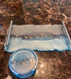 Resin Tray and Coaster <b>Set</b>: <b>Blue</b>, Silver Glitter, Custom Available - Product Image 3