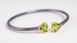 Peridot Gemstone Open <b>Cuff</b> Bangle in 925 Sterling <b>Silver</b> with Gold Accents - Product Image 2