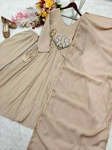 <b>Women</b> Embroidered Quick Dry Mal Sandhery <b>Kurta</b> Set with Dupatta and Pants Floor Length Party Outfit Beige - Product Image 2