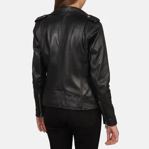 Chaqueta de Motociclista de Cuero Genuino Negro para Mujer, Corte Ajustado, Cierre de Cremallera, Cuello Clásico con Solapa, Bolsillos, Ropa Exterior para Motocicleta - Product Image 5