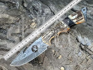 Couteau de chasse OEM en acier Damas Wirecut, couteau à dépecer et à éviscérer à lame fixe, couteau de camping et d'extérieur EDC avec étui en cuir - Product Image 6