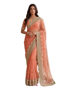 Sari élégant en corail de créateur avec broderies et perles, idéal pour les mariages – Tenue ethnique indienne pour femme - Product Image 3