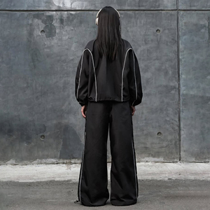 Women's Black <b>Tracksuit</b> Set Full Length Zipper Stand Collar Loose Fit Breathable Polyester Streetwear Autumn Sportswear - Product Image 3