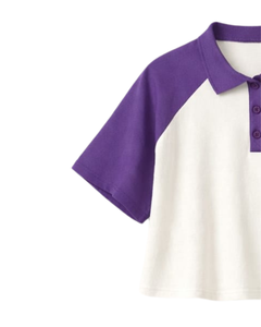 Custom Purple And <b>White</b> Women Cropped Polo T <b>Shirt</b> Raglan Sleeve Casual Cotton Top Button Placket Summer Fashion Streetwear Tee - Product Image 3