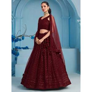 Lehenga de Georgette con Lentejuelas Color Granate Superior para Recepción, con Blusa - Product Image 6