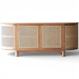Aparador Moderno Japandi de Madera de Teca Sólida con Puertas de Mimbre Natural, Mueble Ecológico para TV Estilo Rústico con Almacenamiento - Product Image 1