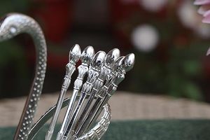 <b>Silver</b> Plated Swan <b>Tea</b> Spoon <b>Set</b> With Long Handle Vintage Design Creative Wedding Gift Metal Utensils Mirror Finish - Product Image 2