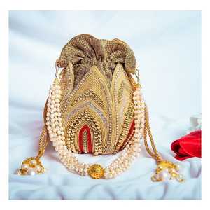 Handcrafted Tissue Lotus Potli Bag <b>Red</b> Zardosi Pearl Embroidery Women Wedding Bridal Drawstring <b>Purse</b> Ethnic Evening Handbag - Product Image 1