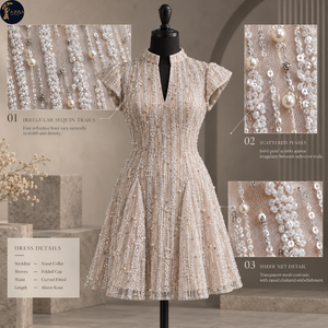 Tissu de robe orné de perles et de paillettes, avec des traînées verticales irrégulières et des détails en maille transparente |   Robe de mariée, tenue de soirée, textile fin - Product Image 5