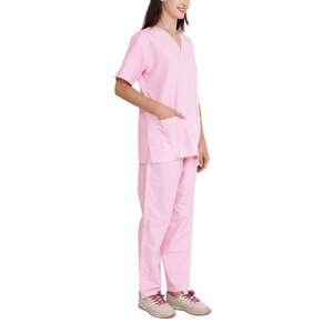 Ensemble de blouses et pantalons roses pour femmes, col en V, manches courtes, en coton et polyester tissé, tenue d'hôpital, détection d'aiguilles - Product Image 3