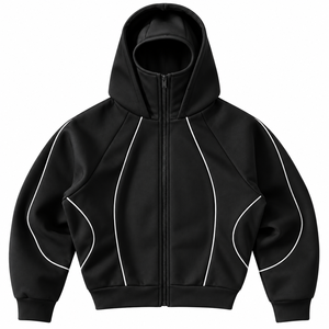 Nouveau design, vente chaude, sweat à capuche unisexe blanc avec fermeture éclair, passepoil contrastant noir, design de panneaux sculptés modernes, veste streetwear personnalisée 100% - Product Image 4