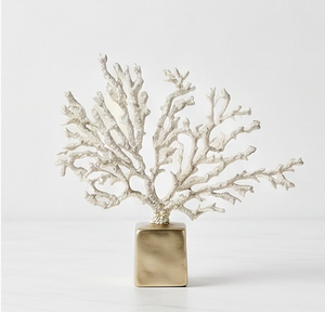 White Resin Coral Sculpture With <b>Gold</b> Square Base Modern Coastal Tabletop <b>Decor</b> For Home Office And <b>Living</b> <b>Room</b> - Product Image 2