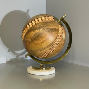 Globe terrestre en bois artisanal, style Art déco, avec support métallique antique/vintage, objet décoratif pour la maison, le bureau, le salon, la salle d'étude - Product Image 1