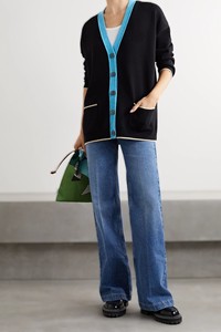 Cardigan en tricot pour femme, col en V, manches chauve-souris, couleur contrastée, fermeture boutonnée, style décontracté, manches longues - Product Image 5