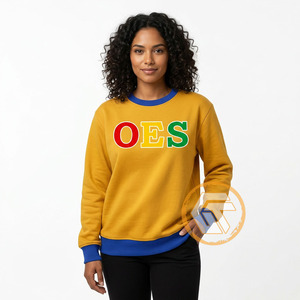 Sweat-shirt à col rond pour femme, imprimé lettres OES, devant uni, jaune, bordure bleue, coupe régulière, vêtement d'automne - Product Image 1