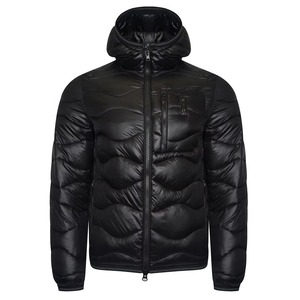 Custom Men Winter Black Hooded Puffer Jacket Wholesale Wave Pattern <b>Bubble</b> <b>Coat</b> Chest Pocket Warm Padded Quilted Jacket For Man! - Product Image 4