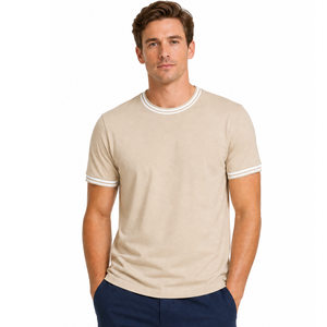 T-shirt homme col rond premium beige et blanc rayé, col côtelé, manches courtes, personnalisable, vêtement décontracté - Product Image 1