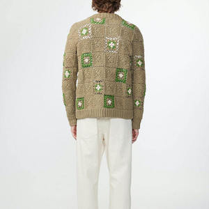 <b>Men</b> Crocheted <b>Cardigan</b> Olive Green Patchwork Pattern Button Front Full Sleeve Autumn Wear - Product Image 3