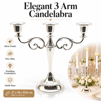 Tempat Lilin Candelabra 3 Lengan Bahan Zinc Alloy Perak untuk Dekorasi Pernikahan, Pesta, dan Acara