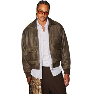Chaqueta Bomber de Cuero Desgastado para Hombre en Color Marrón con Cierre de Cremallera de Diseño Elegante y Tela de Alta Calidad, Estilo Moderno - Product Image 5