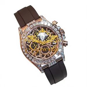 Montre de luxe pour homme avec cadran en diamant CZ, mouvement à quartz, boîtier rond en acier inoxydable, bracelet marron de 20 mm, style hip-hop, affichage de la date - Product Image 6