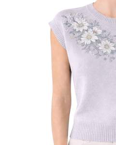 Suéter de Punto sin Mangas para Mujer, Color Gris Claro, Personalizado, con Bordado Floral, Cuello Redondo, Suave, Ligero, Informal, Chaleco de Verano, Top Elegante - Product Image 3