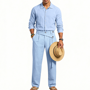 Ensemble décontracté pour homme, tenue d'été décontractée, coton tissé respirant, costume deux pièces, vêtements décontractés haut de gamme pour homme - Product Image 4