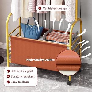 Perchero Metálico Moderno con Cesta de Almacenamiento, Tipo Soporte Móvil de Dos Niveles, Marco Naranja y Dorado para Sala de Estar - Product Image 3