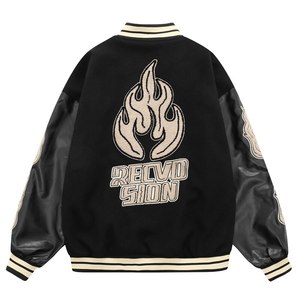 <b>Men's</b> <b>Black</b> Varsity <b>Jacket</b> PU Material Embroidered Letter Logo Turn-down Collar Regular Fit Autumn Casual Style - Product Image 2