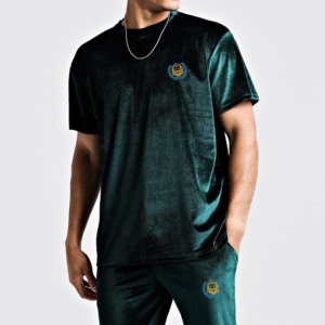 Unisex Green Velour Tracksuit <b>Set</b> Crew Neck Short Sleeve Drawstring Pants <b>Embroidery</b> Logo Casual Autumn Wear - Product Image 3