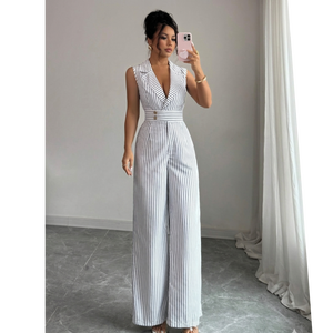 Combinaison à rayures sans manches pour femmes, à jambes larges, avec col à revers - Product Image 1