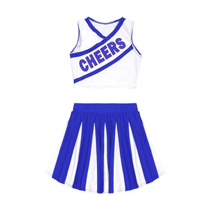 Ensemble d'uniformes de cheerleading de conception professionnelle, fabriqué en usine, jupe rayée blanche et bleue, haut imprimé Cheers, taille adulte - Product Image 1