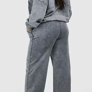 Ensemble de survêtement décontracté pour femmes grandes tailles, effet délavé, veste zippée et pantalon large, 2 pièces - Product Image 6