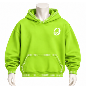 Sweat-shirt à capuche surdimensionné vert lime avec bordure cousue, effet vieilli, surpiqûres contrastées, poche kangourou, style streetwear décontracté - Product Image 1