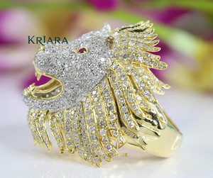 Bague tête de lion pour homme avec diamant et rubis de culture en argent 925 plaqué or jaune, style luxueux, bijou unisexe, cadeau - Product Image 2
