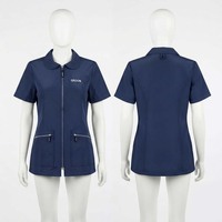 Veste de barbier pour femme de qualité supérieure, tissu extensible en polyester et élasthanne 180 GSM, fermeture éclair intégrale, bleu marine, uniforme de salon de beauté, logo personnalisé