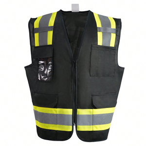 Gilet de sécurité haute visibilité réfléchissant noir en polyester respirant avec plusieurs poches, uniforme de garde de sécurité unisexe, résistant aux aiguilles - Product Image 2
