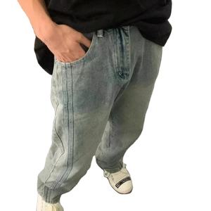 Vintage High Street Wash azul pantalones de mezclilla holgados rayas laterales recto Jean botón Hombre moda bordado invierno - Product Image 1