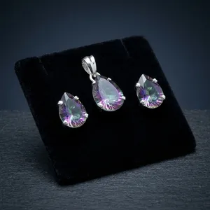 925 Sterling Silver Mystic Topaz Jewelry Set Teardrop Pendant Stud Earrings Multicolor Gemstone Bezel Setting Jewelry Sets - Product Image 2