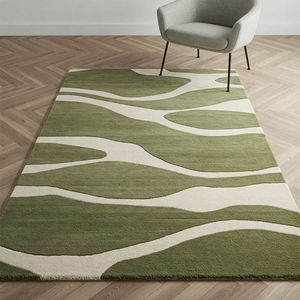 Tapis de salon classique géométrique vert en mélange laine/coton tissé à la main, à poils coupés, antidérapant, écologique et résistant aux taches - Product Image 1