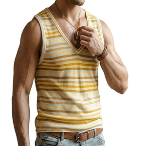 Débardeur Homme Personnalisé Col V Rayé Coupe Slim Sans Manches pour Entraînement Musculation Été Décontracté Plage Vente en Gros - Product Image 3