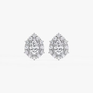Clous d'oreilles tendance pour femme en or blanc 14K avec diamants de laboratoire poire et ronds 3CTW et halo, certifiés IGI, pour l'exportation en gros - Product Image 4