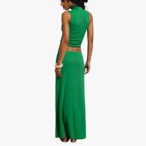 New Arrival Women's Green Two Piece Set Mock Neck Sleeveless Top <b>Full</b> Length <b>Skirt</b> Casual Spring Summer Knitted Modal <b>Maxi</b> <b>Skirt</b> - Product Image 2