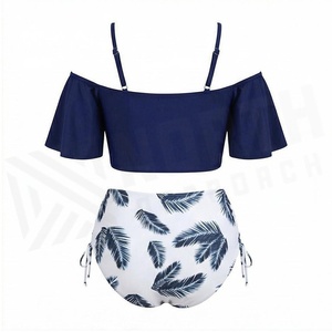 Conjunto de 2 Piezas para Mujer con Falda con Volantes y Top Halter, Cintura Alta, Estampado de Palmeras, Logotipo Frontal, Alta Calidad - Product Image 2