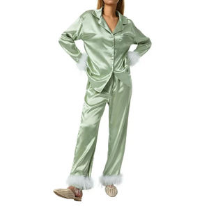 Ensemble de pyjama en satin respirant pour femme, imprimé numérique, manches courtes, col en V, longueur intégrale, taille élastique, tenue de nuit estivale - Product Image 1