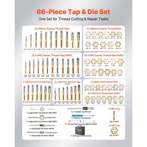 Set di 86 Pezzi di Maschi e Filiere per Utensili da Macchina, Misure SAE e Metriche da M3 a M12 # Set di Maschiatura per Filettature Grossa e Fine da 4 a 5/8 Pollici con Chiave di Fissaggio - Product Image 2