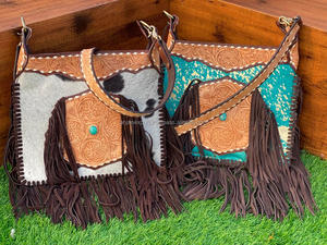 New Western Stylish Hand <b>Tooled</b> Cowhide Fur Leather Fringe Bag Fashionable High Quality Women Unique Stone Concealed Carry Purse - Product Image 3
